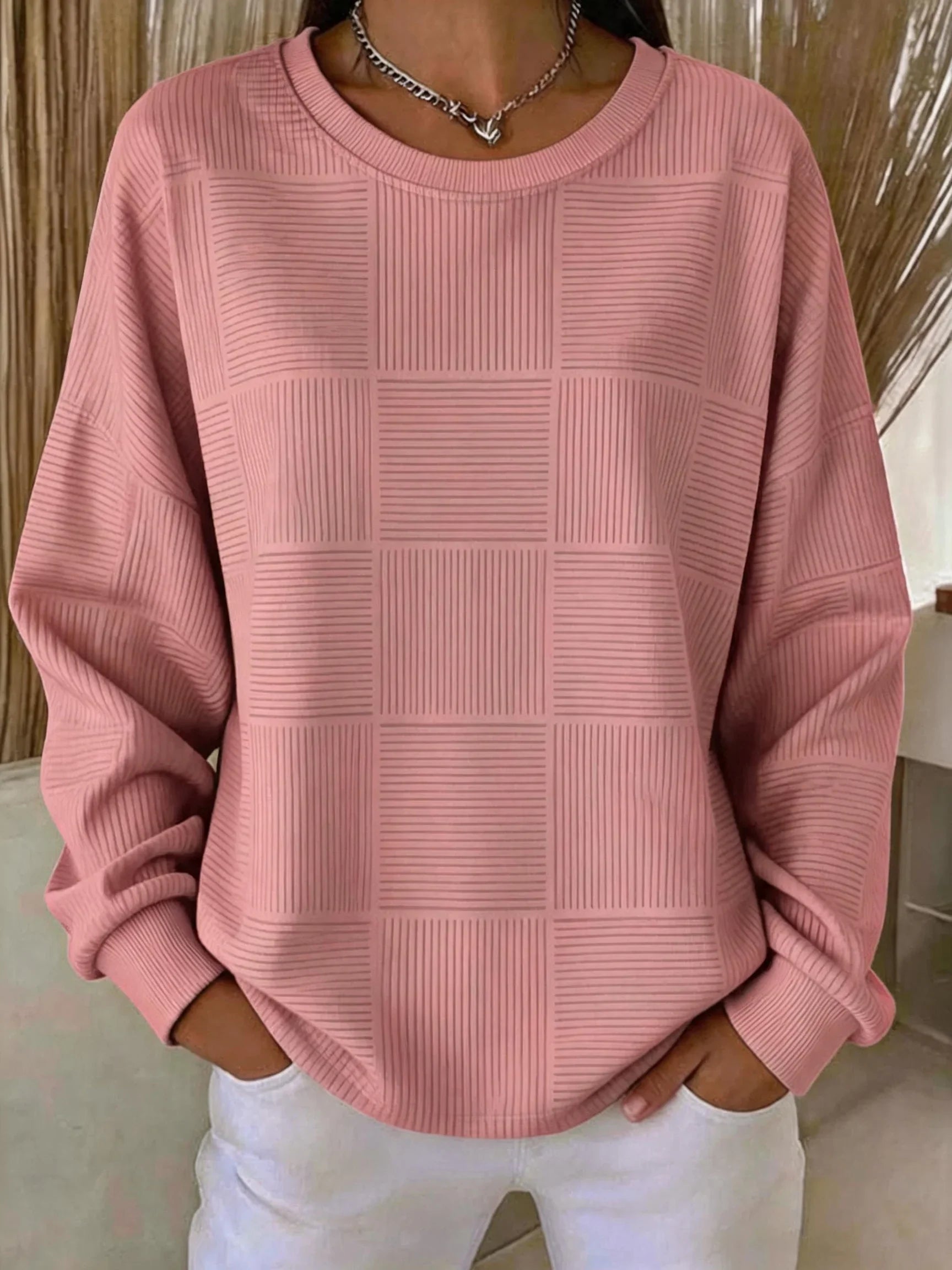 Sudadera de cuadrícula con textura con cuello redondo y manga larga