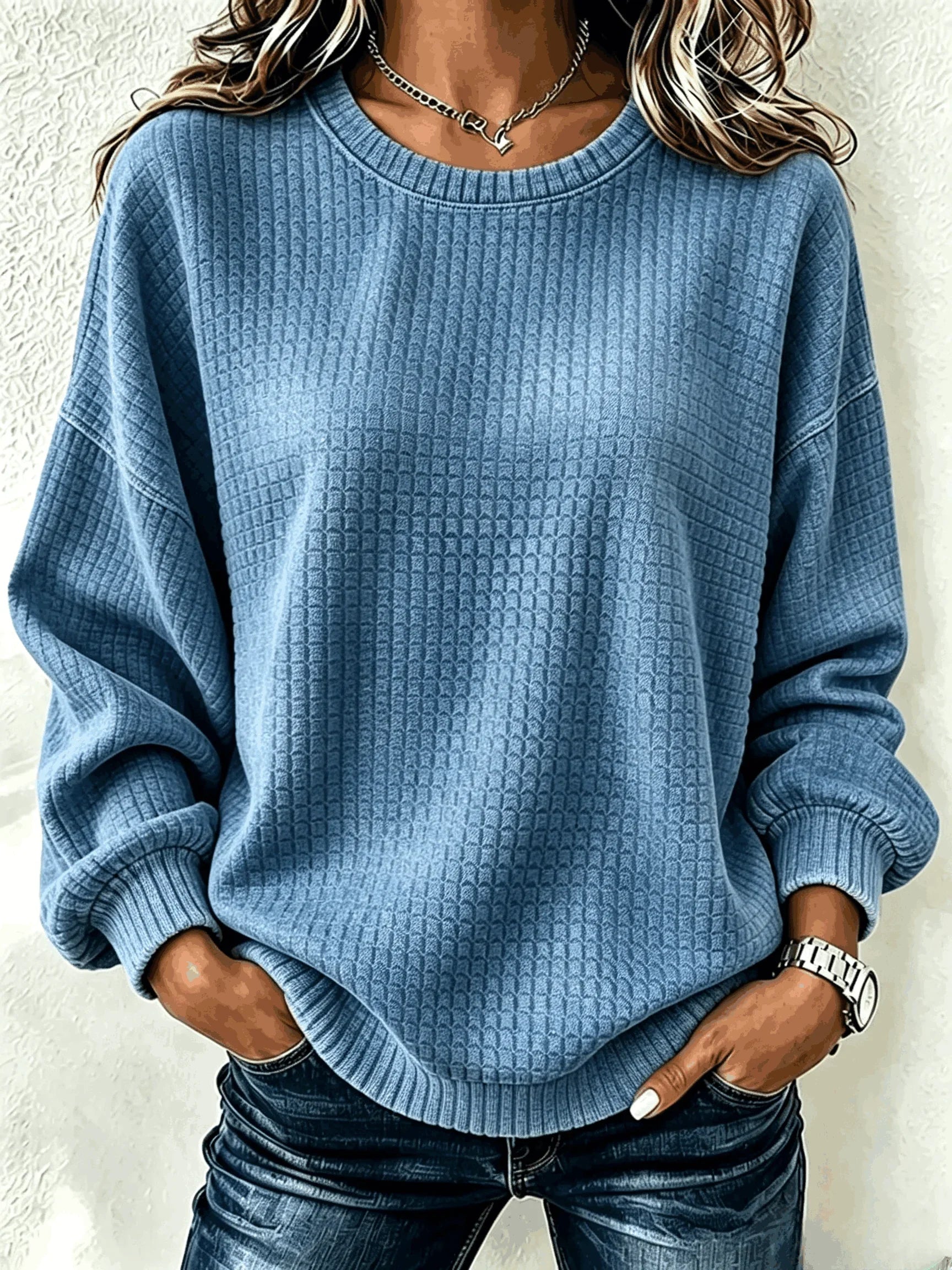 Sudadera lisa de tejido gofre con cuello redondo y manga larga