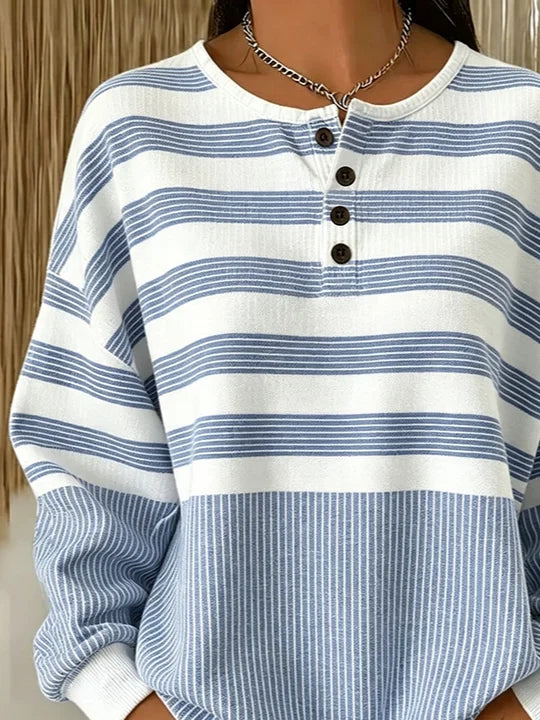 Sudadera de rayas con cuello redondo, manga larga y botones — foto 3