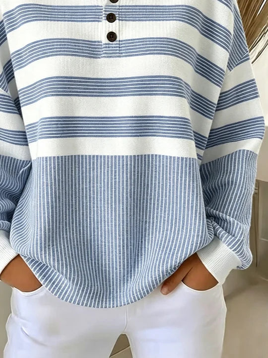 Sudadera de rayas con cuello redondo, manga larga y botones — foto 2