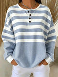 Sudadera de rayas con cuello redondo, manga larga y botones