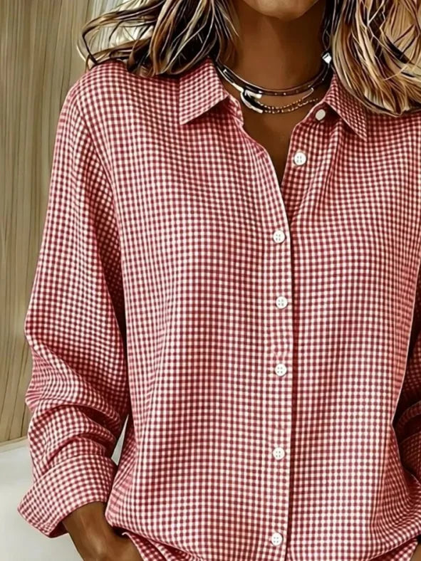 Top casual de cuadros con cuello camisero, manga larga y hebilla — foto 2