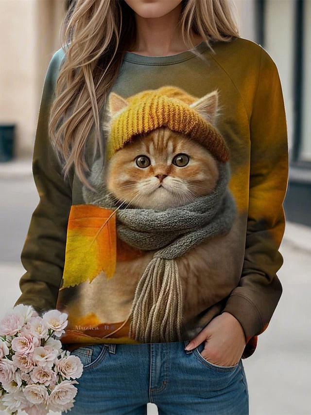 Sudadera casual de gatos amarilla con cuello redondo