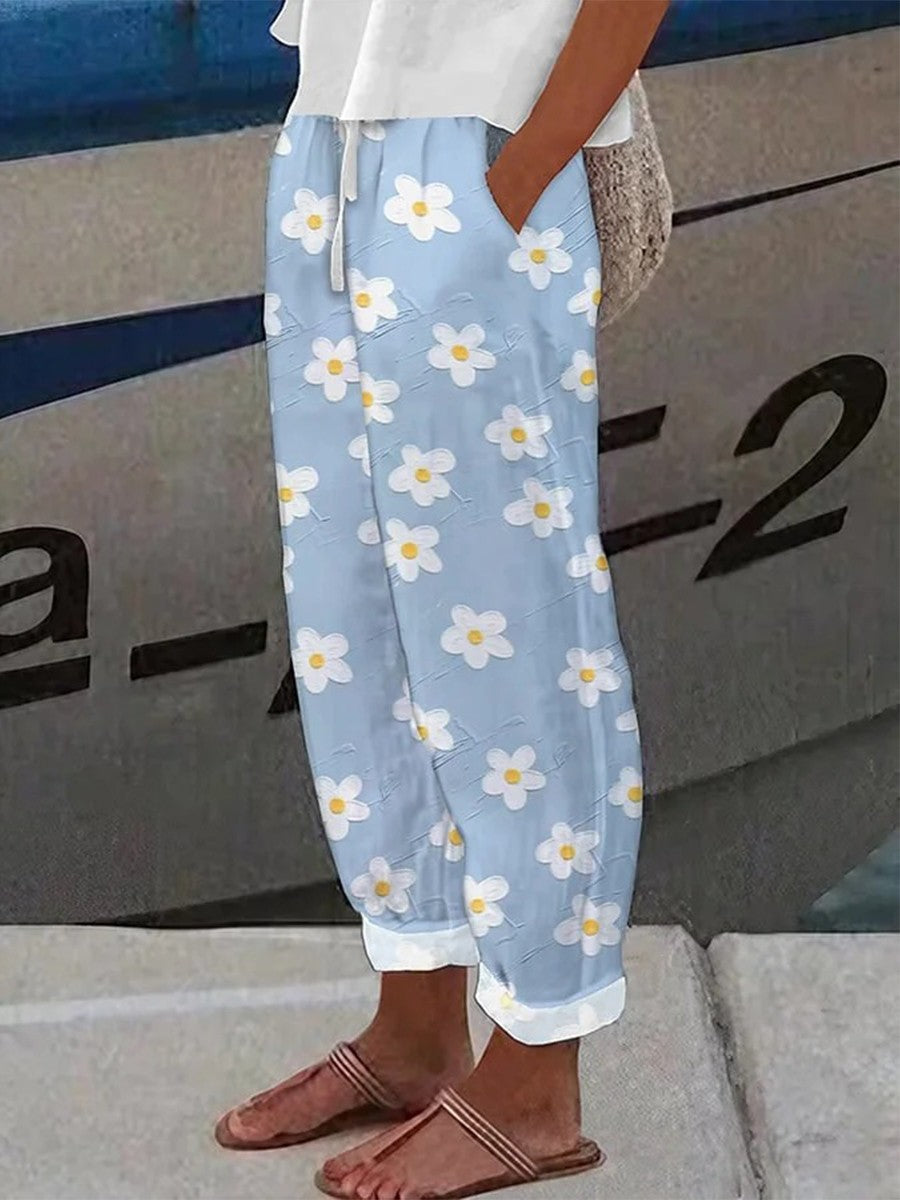 Pantalón casual holgado botánico de encaje azul
