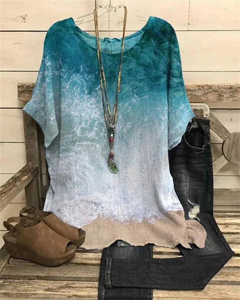 Blusa de playa de estampado gráfico con cuello redondo y manga corta