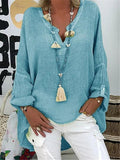 Blusa casual lisa de algodón con escote en pico y manga larga