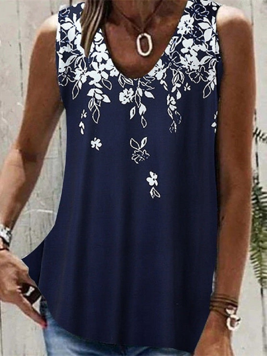 Top casual de flores azul con escote en pico, sin mangas