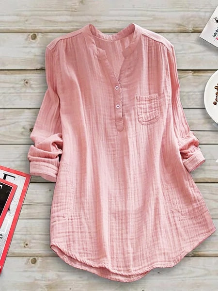Blusa casual lisa con cuello mao, manga larga y botones