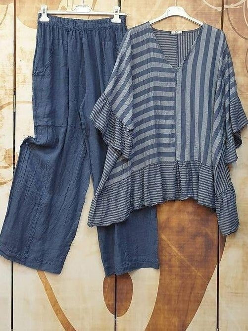 Conjunto de dos piezas de rayas con escote en pico y manga francesa