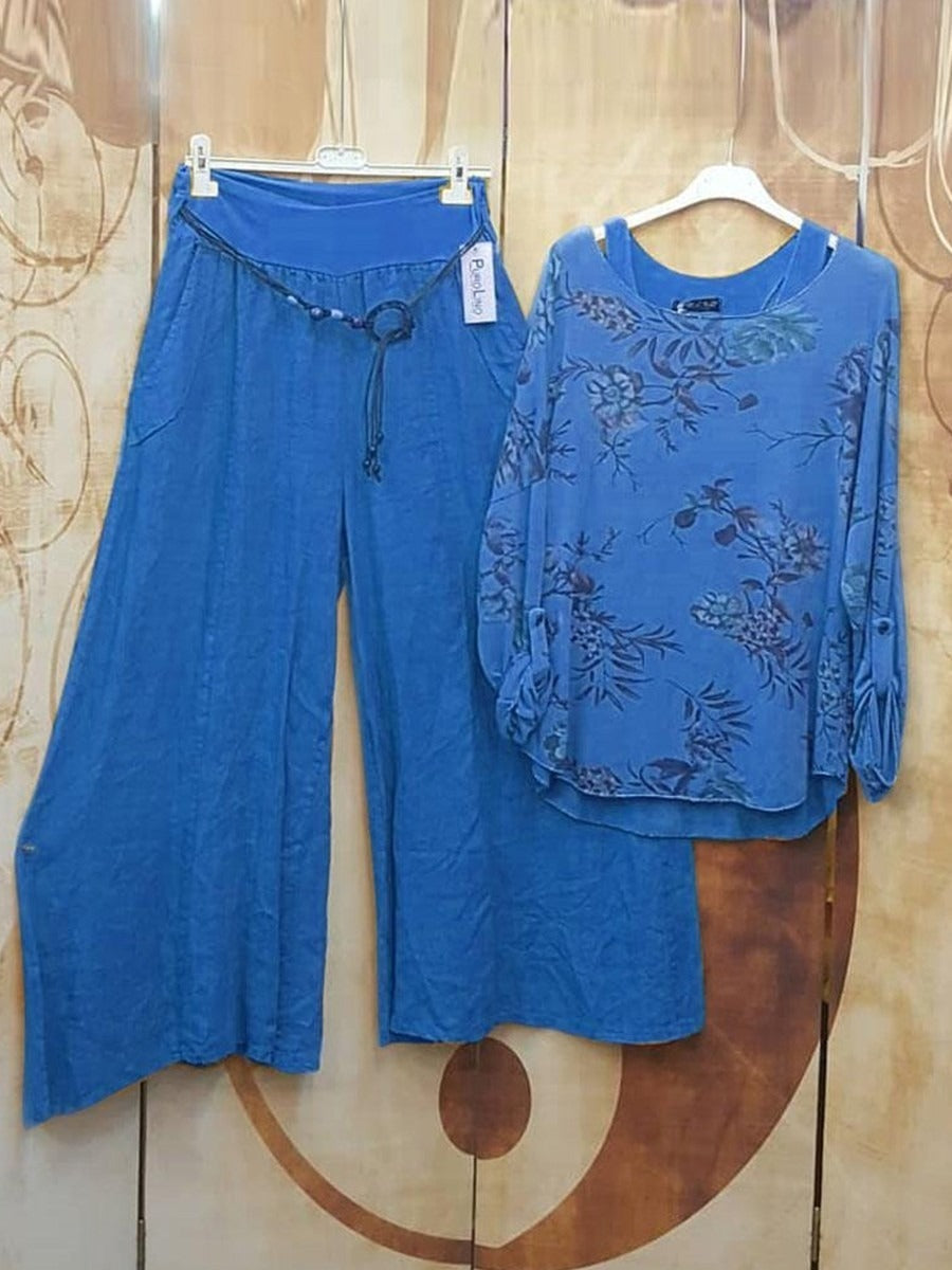 Conjunto casual de dos piezas de flores con cuello redondo y manga larga