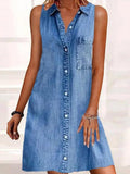 Vestido corto vaquero con botones, sin mangas