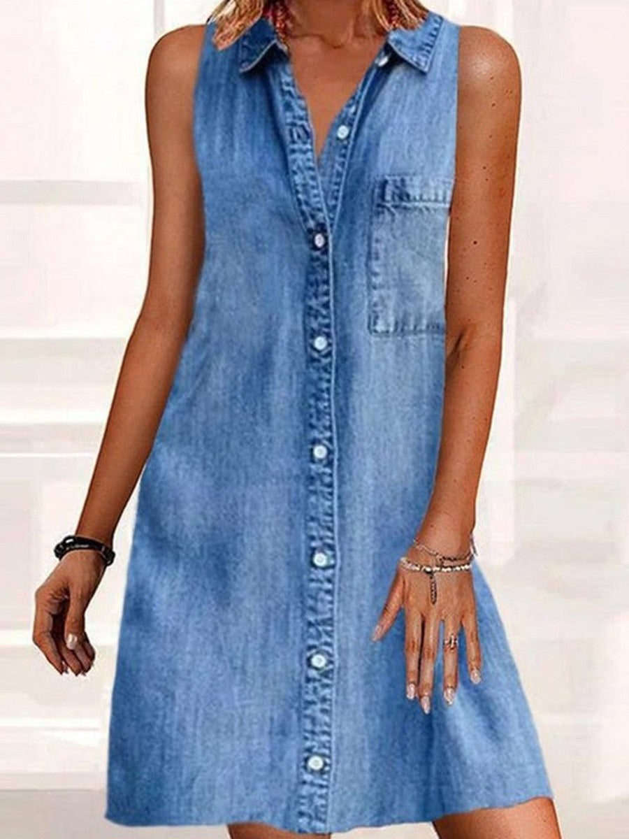 Vestido corto vaquero con botones, sin mangas