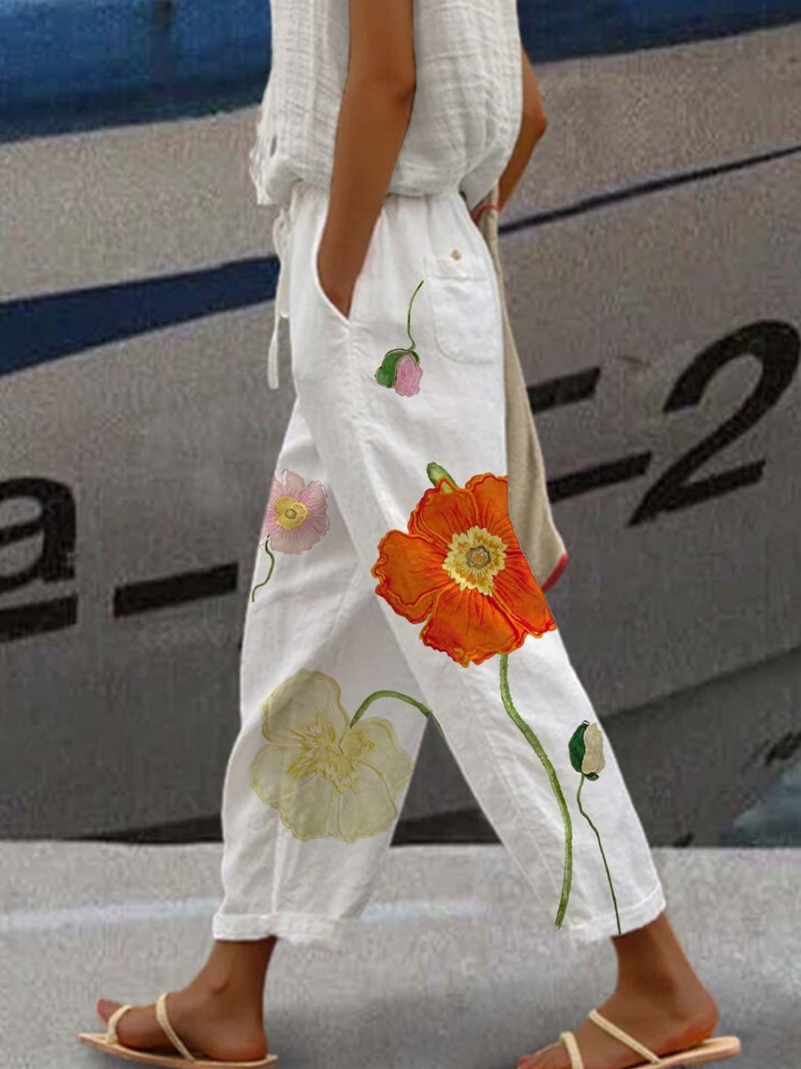 Pantalón casual holgado de flores de lino