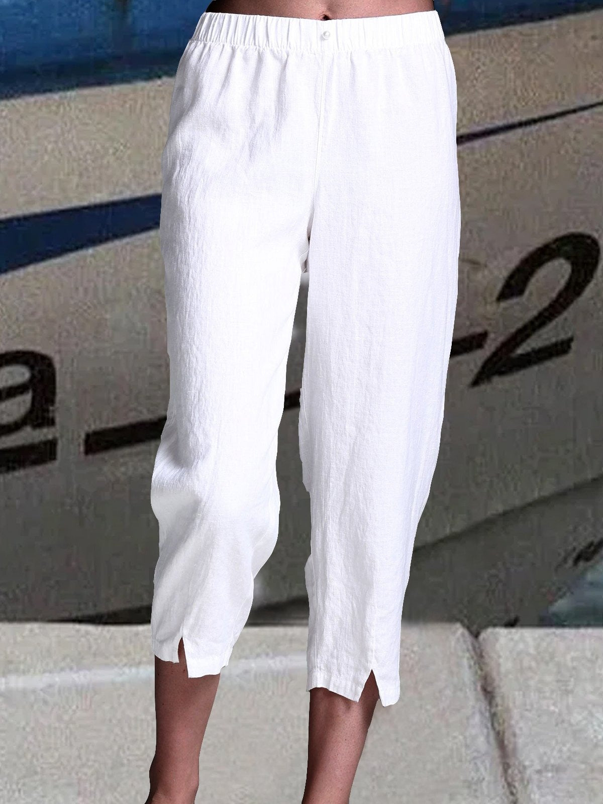 Pantalón casual de talle alto holgado liso de lino blanco con bolsillos