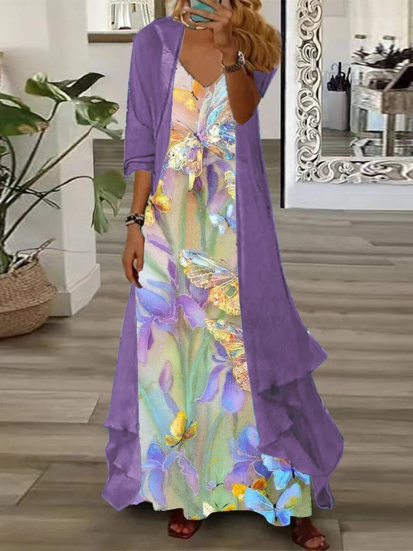 Vestido largo de mariposas morado con escote en pico y manga larga