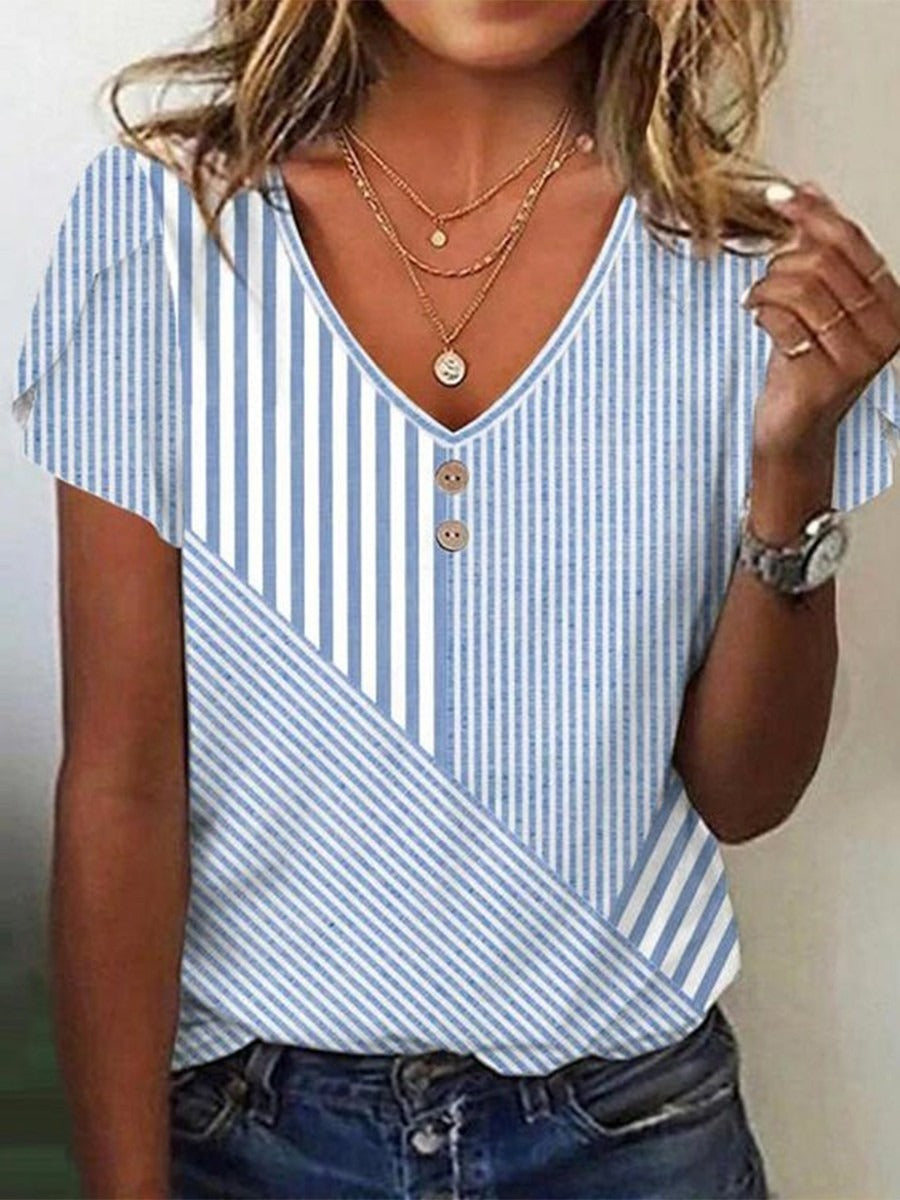 Blusa casual de rayas azul con escote en pico y manga corta