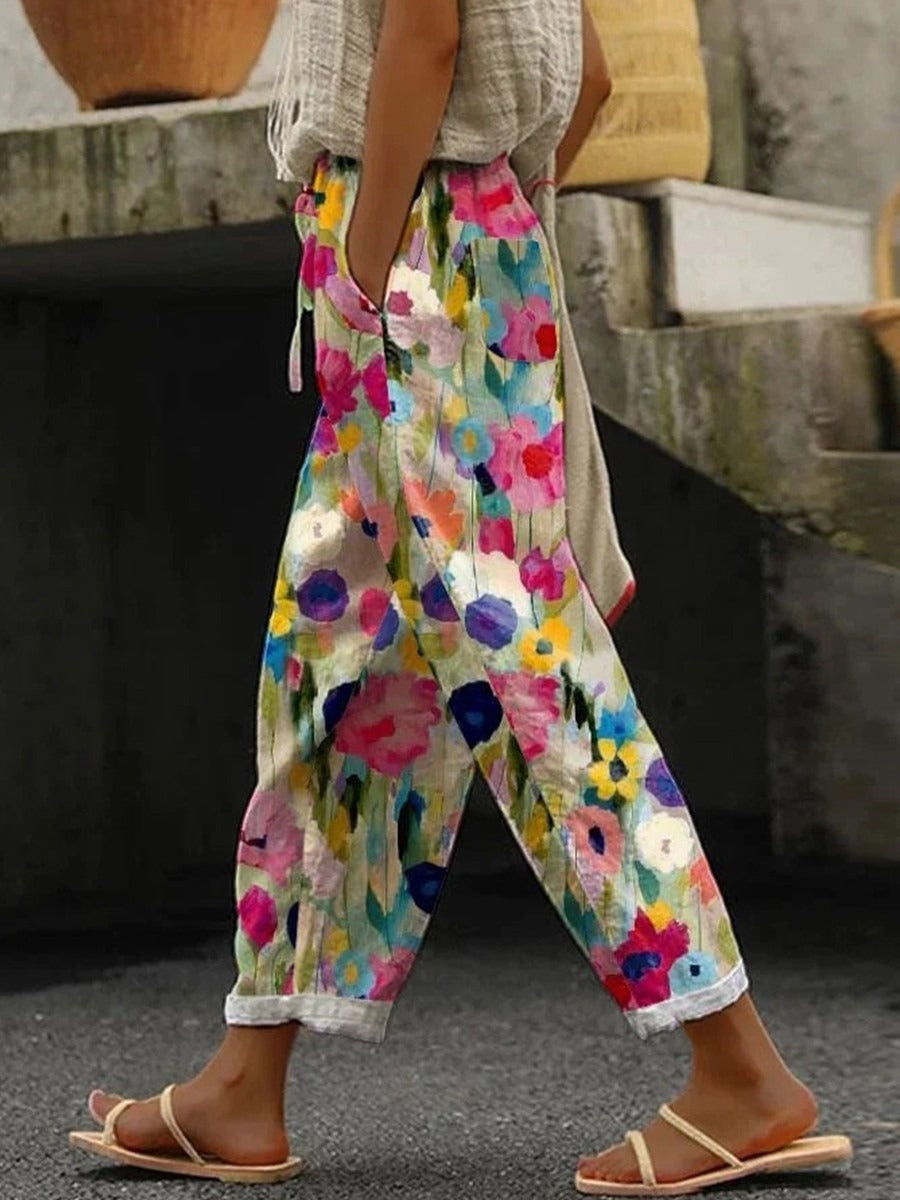 Pantalón casual de flores con cordón ajustable y bolsillos