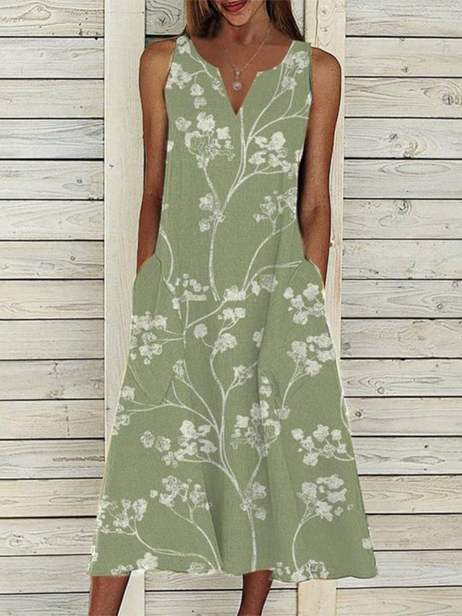 Vestido midi de flores con escote en pico, sin mangas · Erika