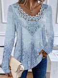 Blusa moderna holgada de encaje con cuello redondo y manga larga