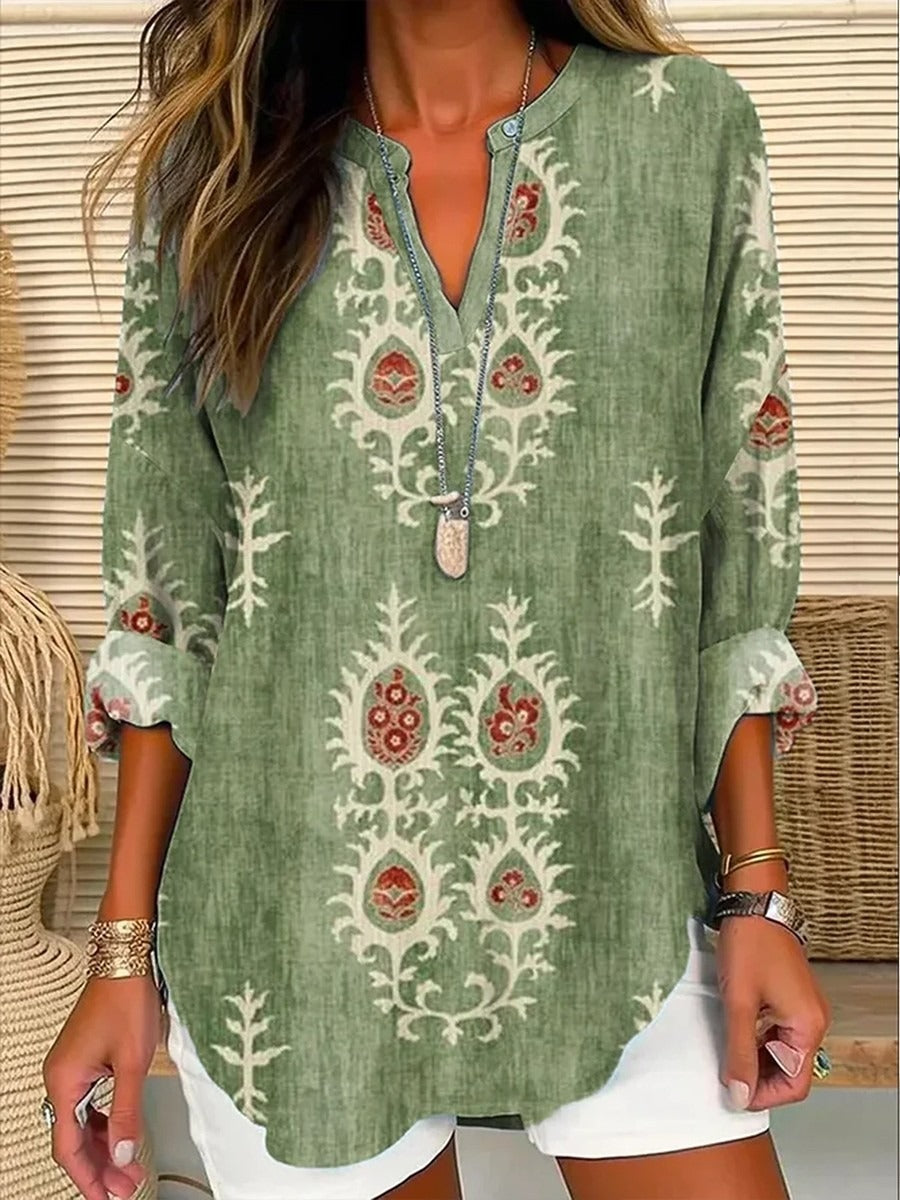 Blusa holgada étnica verde con manga larga