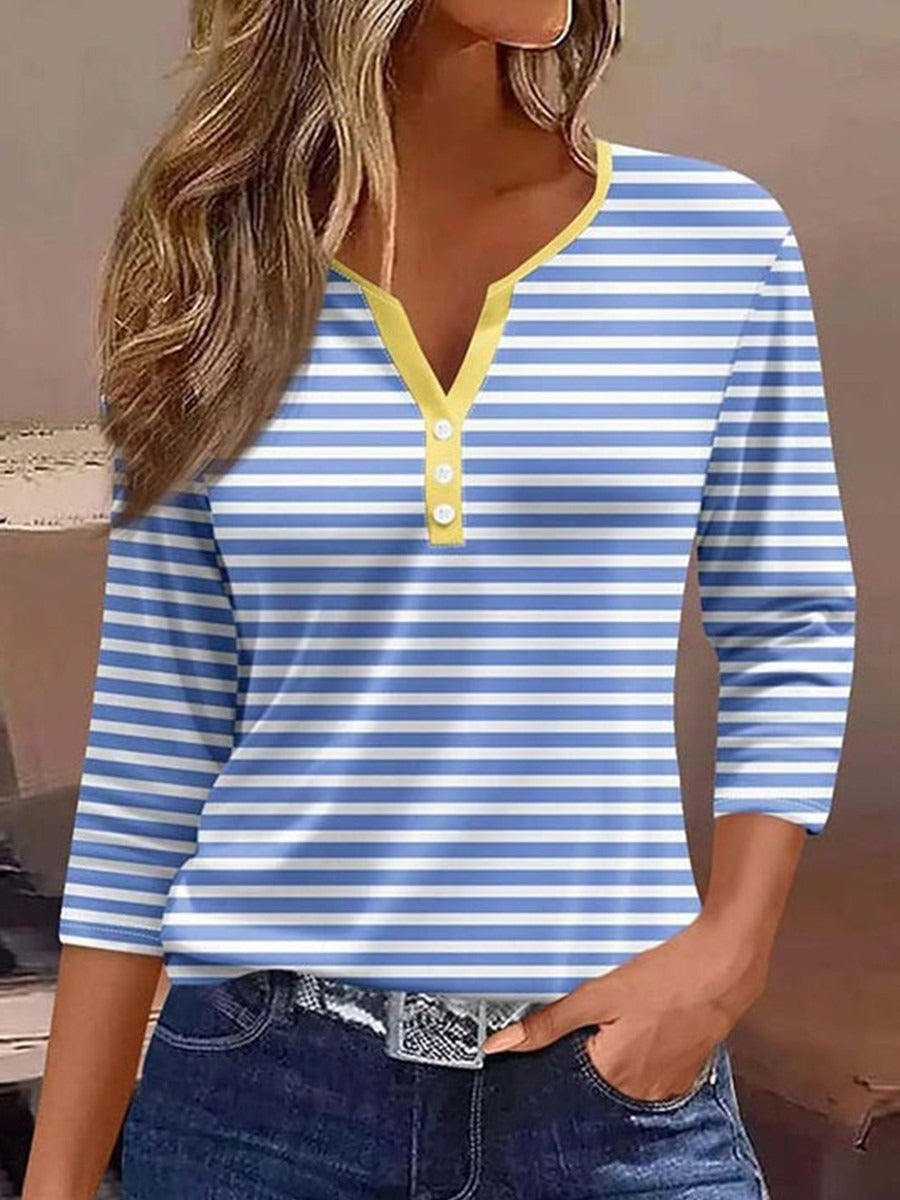 Blusa casual de rayas azul con escote en pico