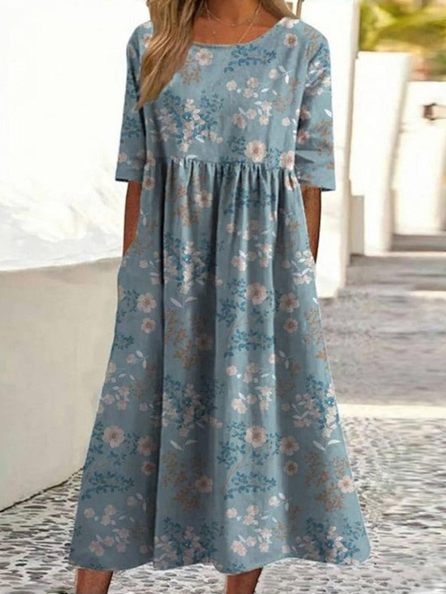 Vestido vintage de flores con cuello redondo y manga francesa