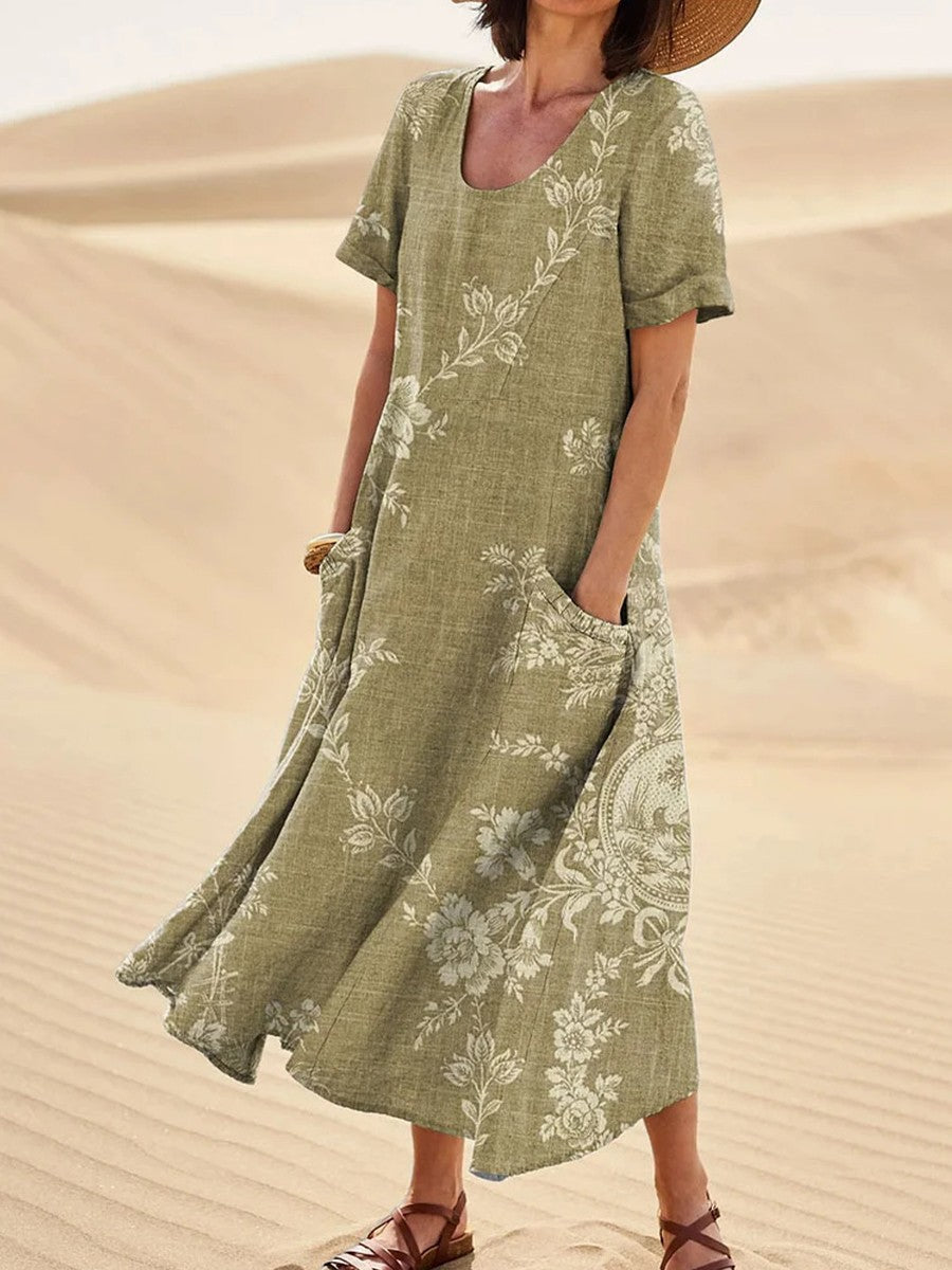 Vestido casual de flores de lino con bolsillos