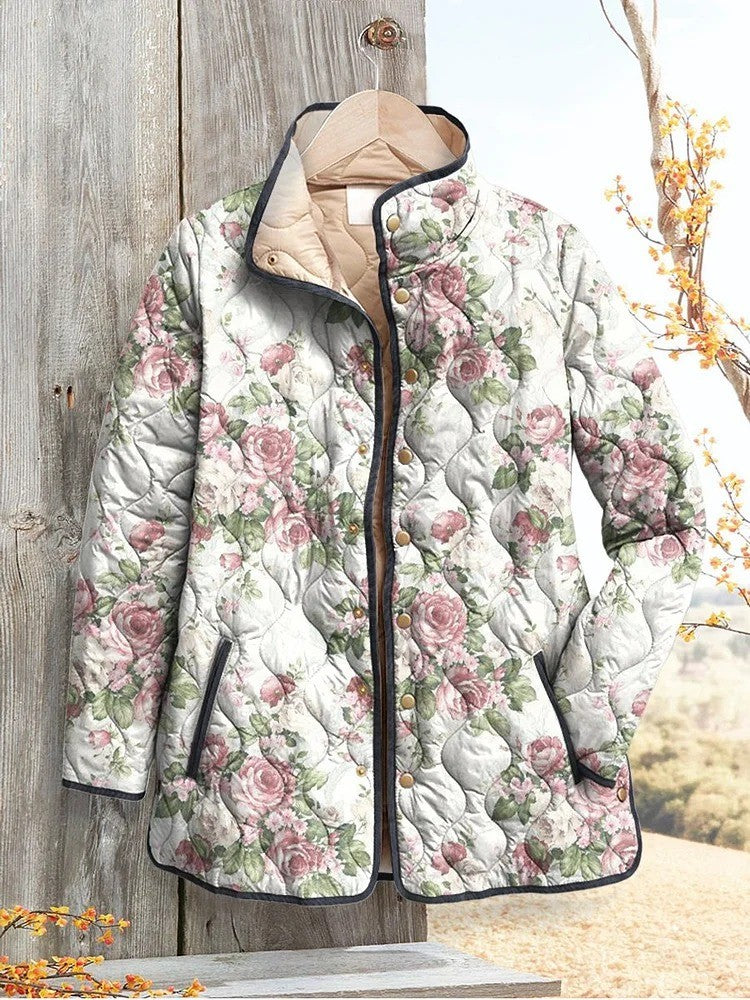 Cárdigan casual de rosas acolchado rosa