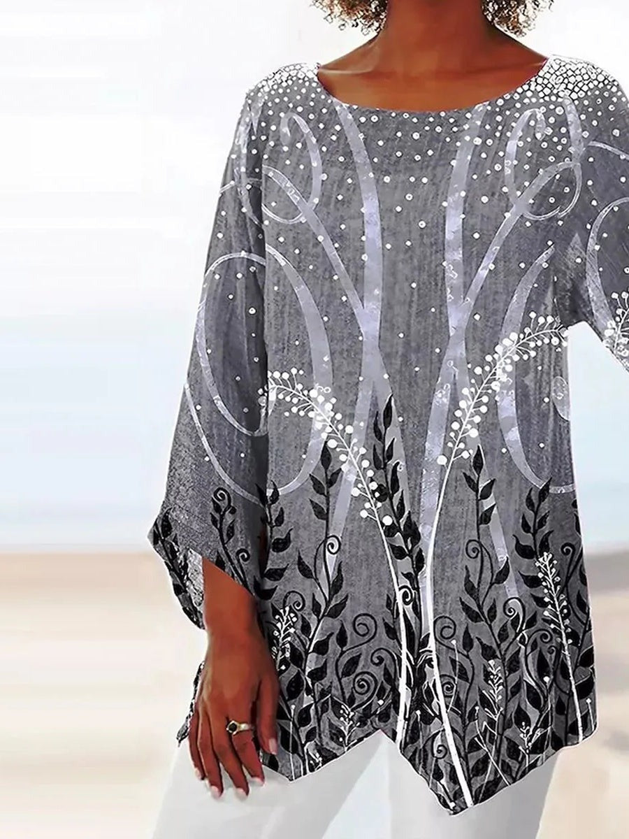 Camisa gris con escote redondo amplio y manga larga