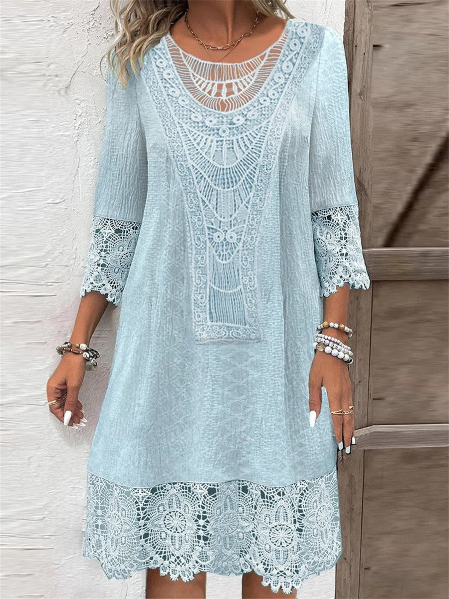 Vestido midi liso con escote redondo amplio y manga tres cuartos