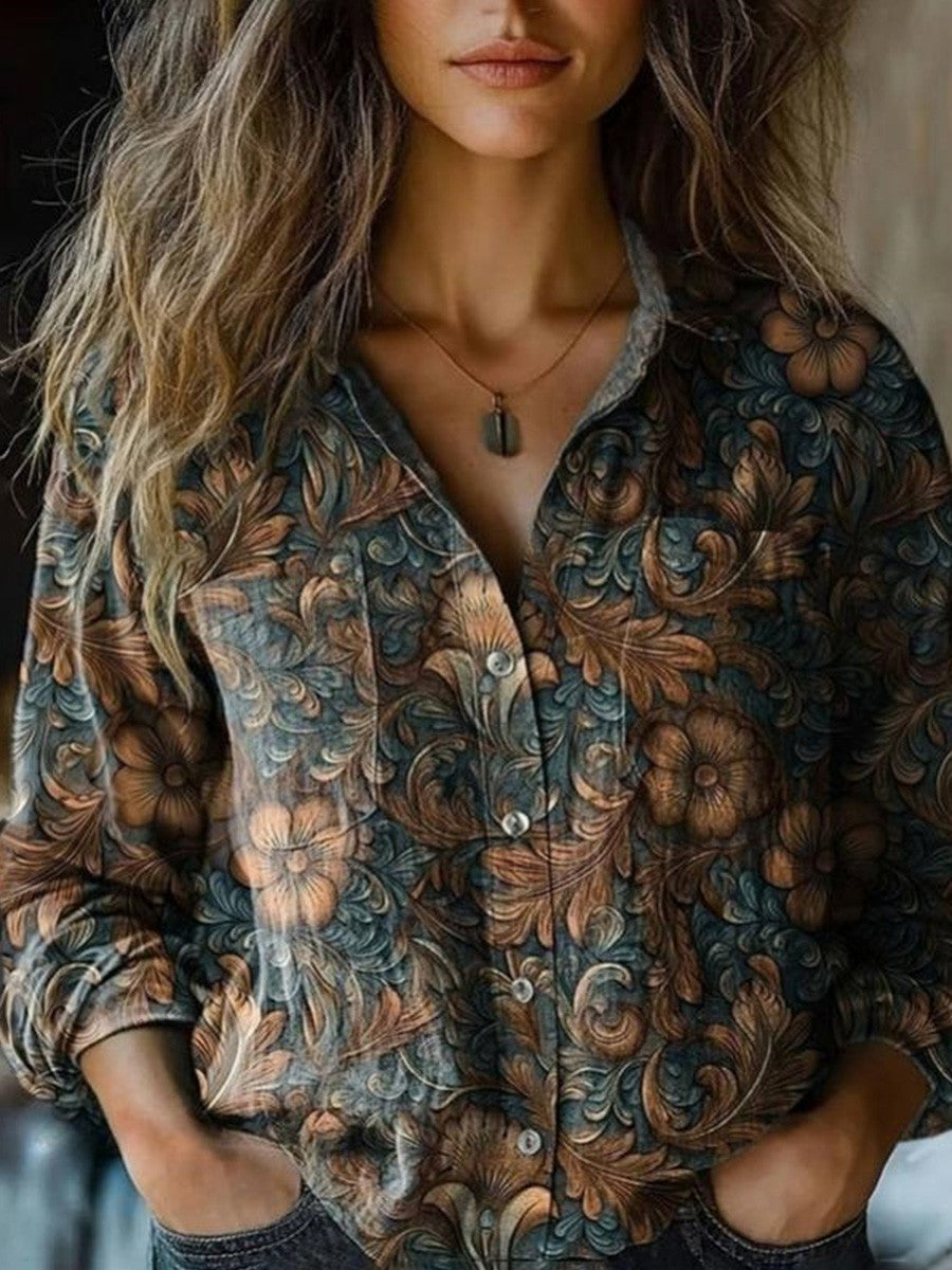 Blusa vintage de flores con solapa y manga larga