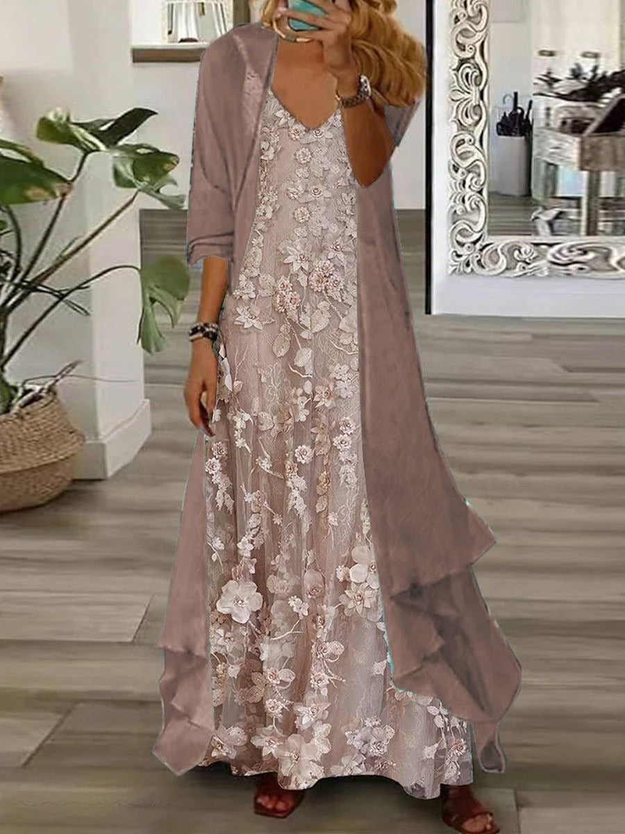 Conjunto largo de flores con escote en pico y manga larga · Danae