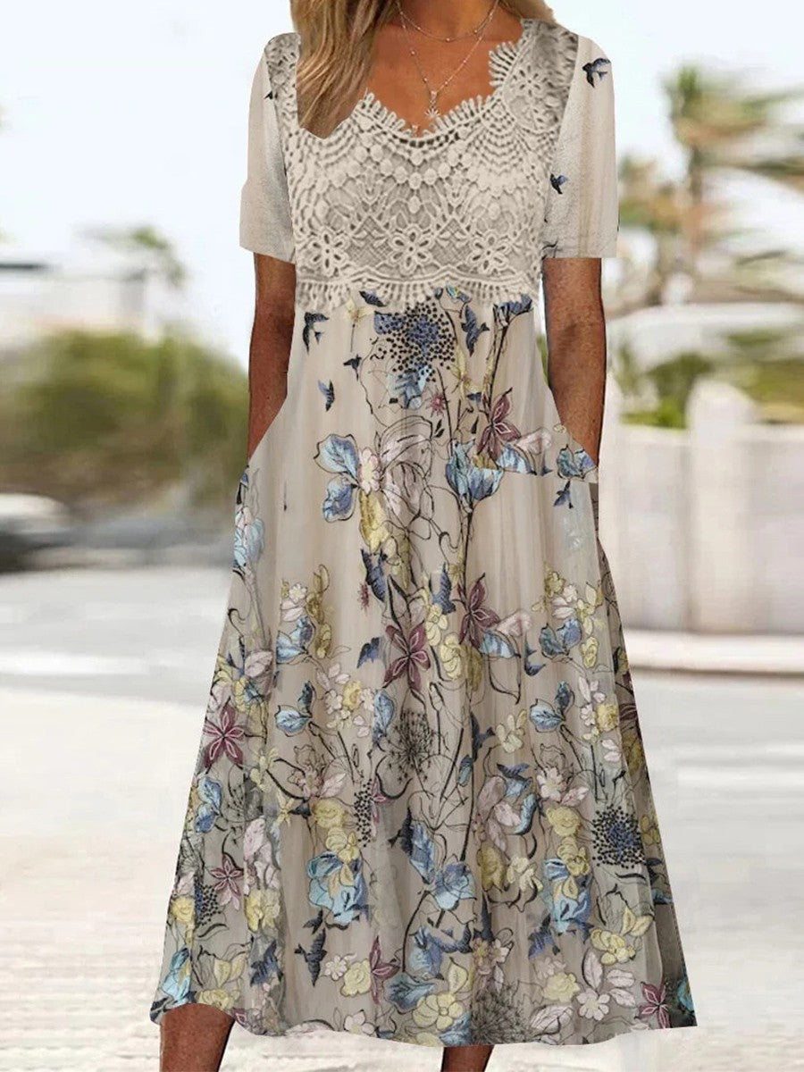 Vestido midi de estampado gráfico con escote en pico y manga corta