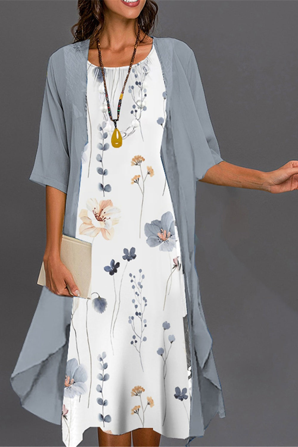 Vestido midi de dos piezas de flores con cuello redondo y manga francesa · Zoe