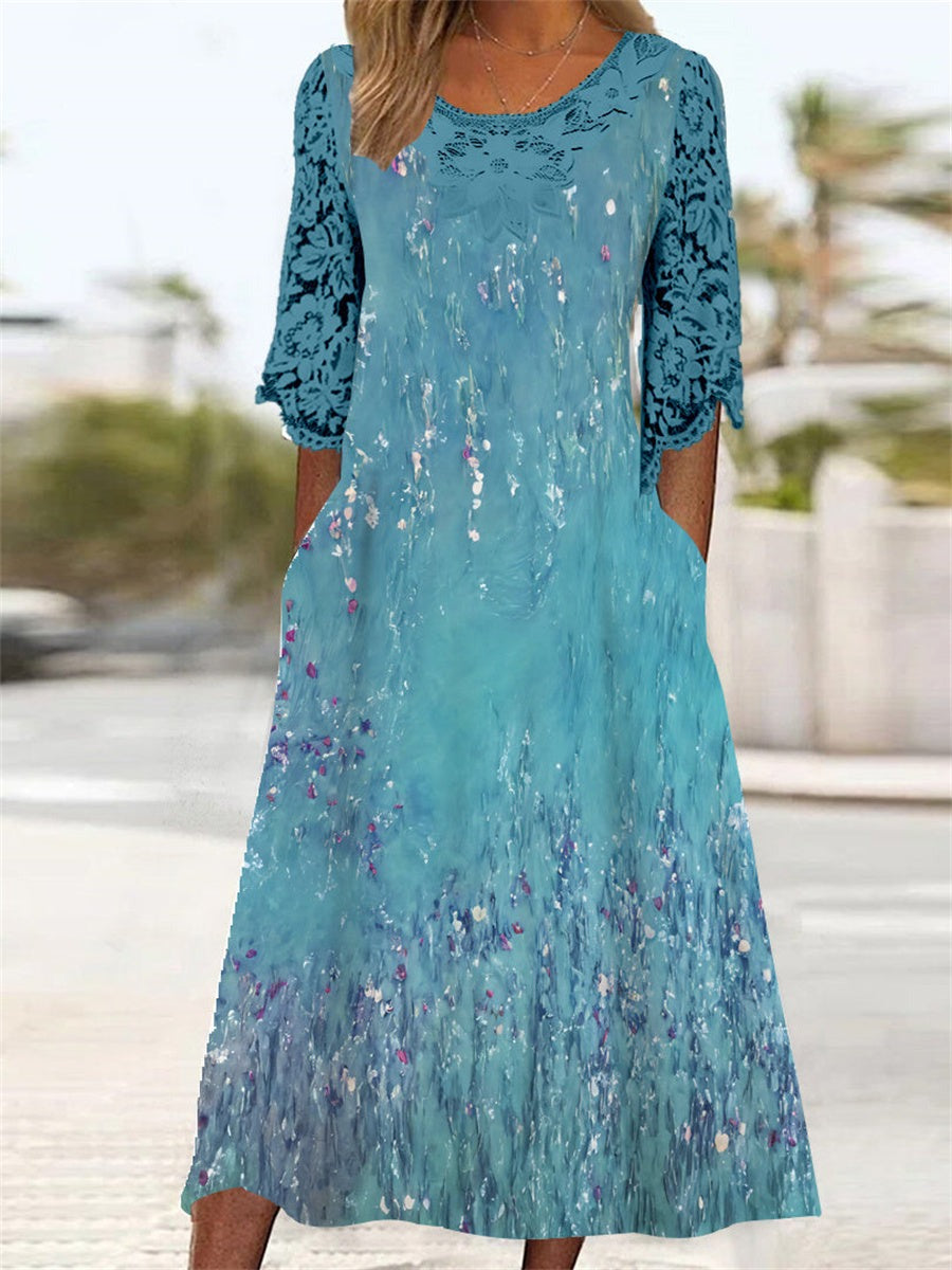 Vestido midi de estampado gráfico con cuello redondo y manga tres cuartos