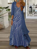 Vestido cómodo largo azul con escote en pico y manga tres cuartos