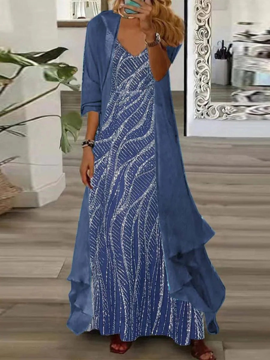 Vestido cómodo largo azul con escote en pico y manga tres cuartos