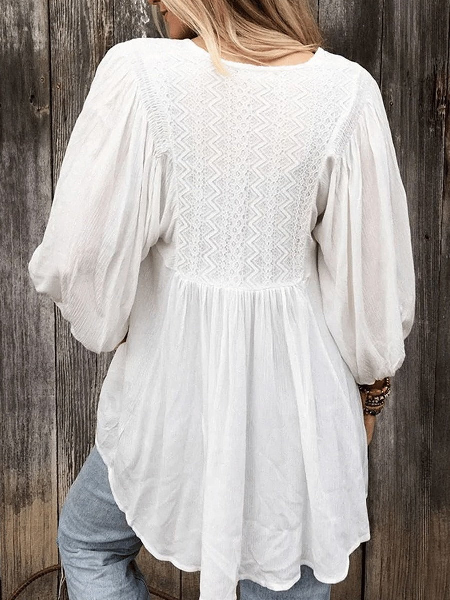 Top vintage con escote en pico, manga abullonada y volantes — foto 2