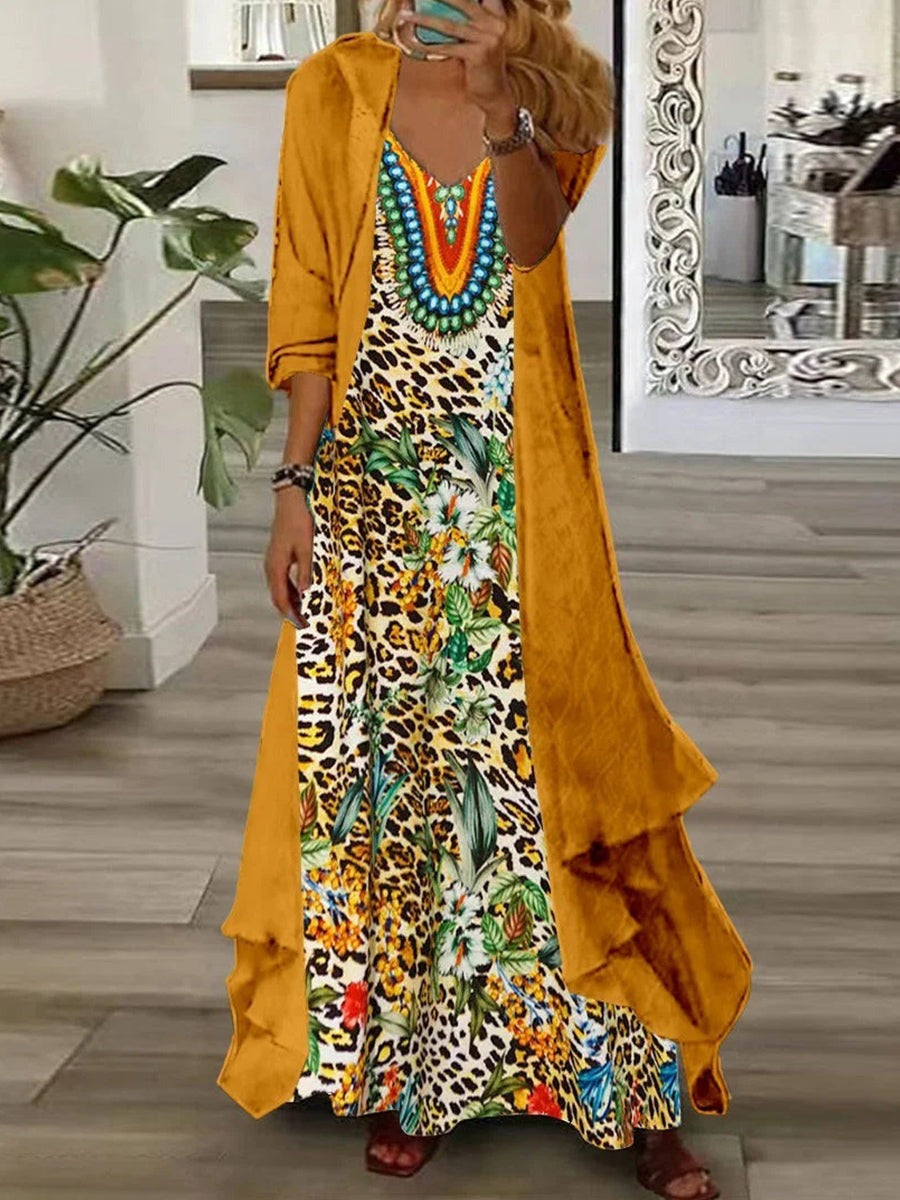 Vestido largo de estampado gráfico con escote en pico y manga larga