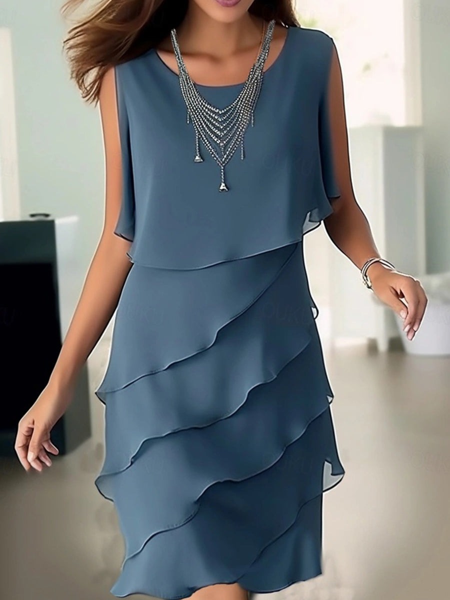 Vestido liso con cuello redondo y volantes, sin mangas