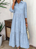Vestido casual largo de rayas con solapa y manga tres cuartos