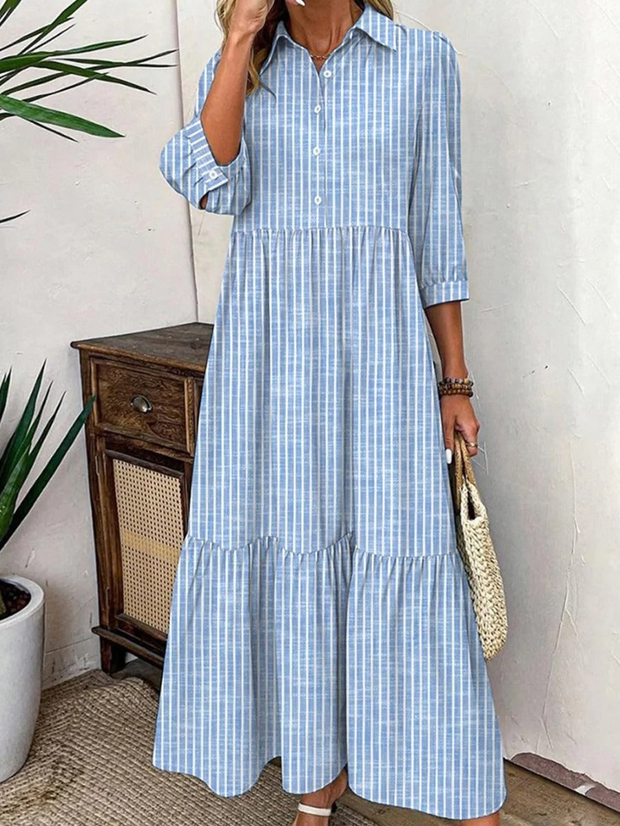Vestido casual largo de rayas con solapa y manga tres cuartos