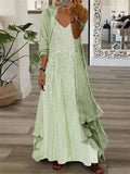Vestido largo de flores de encaje con escote en pico y aplicaciones
