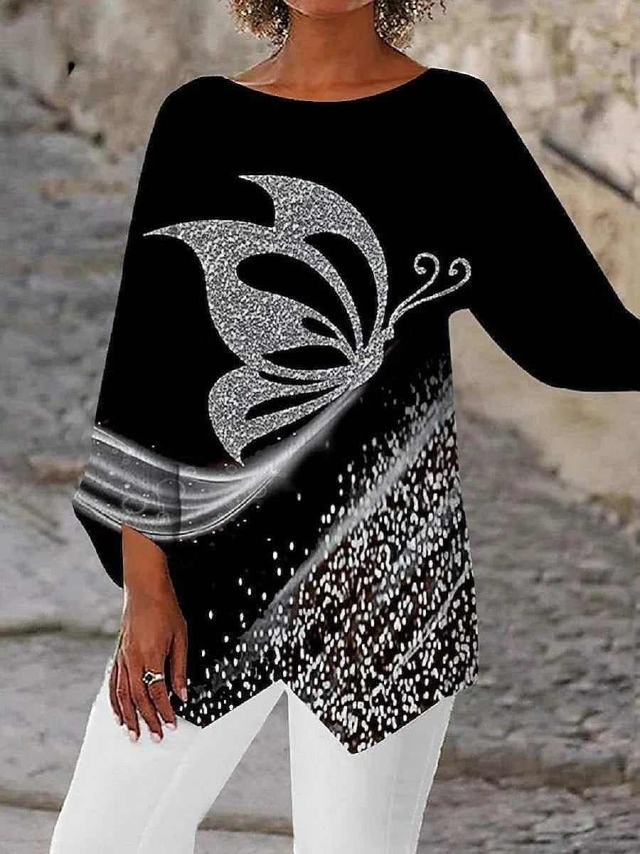 Blusa casual de mariposas con cuello redondo y manga larga