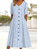 Vestido midi de rayas azul con escote en pico y manga corta