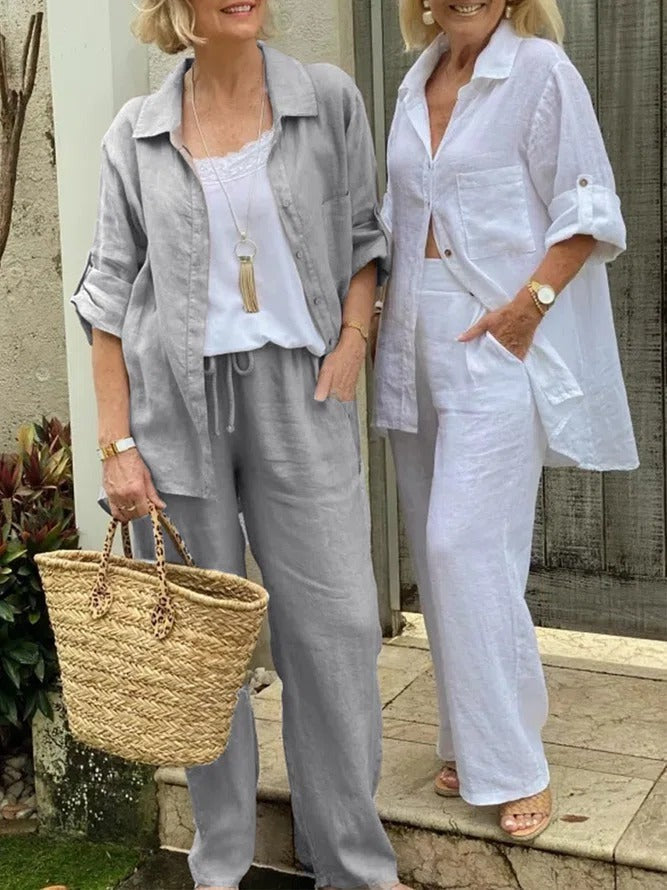 Conjunto de dos piezas liso de lino con cuello camisero y manga larga