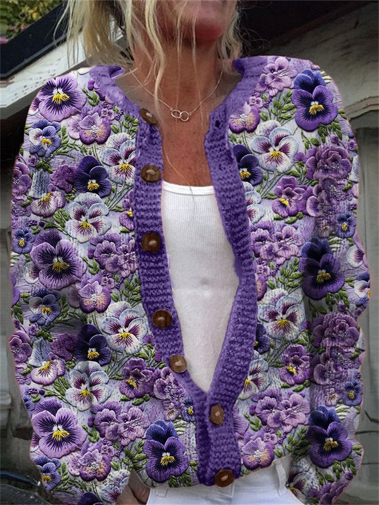 Cárdigan casual de flores de punto con manga larga