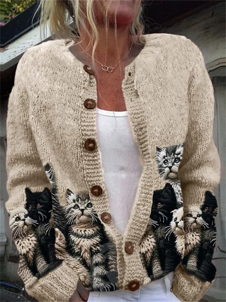Cárdigan casual de gatos de punto con manga larga
