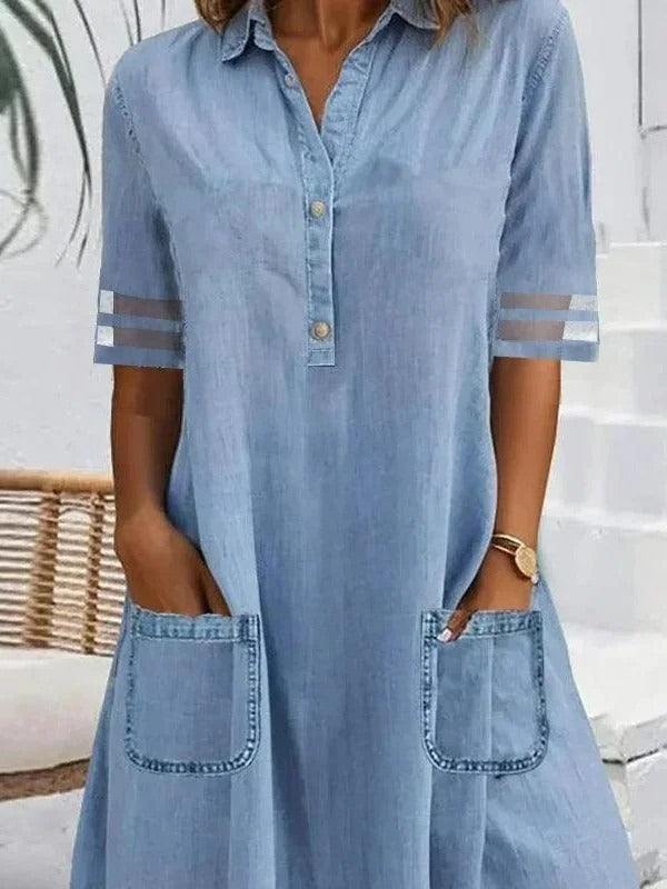 Camisa midi lisa vaquera con cuello camisero, manga francesa y bolsillos — foto 2