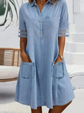 Camisa midi lisa vaquera con cuello camisero, manga francesa y bolsillos